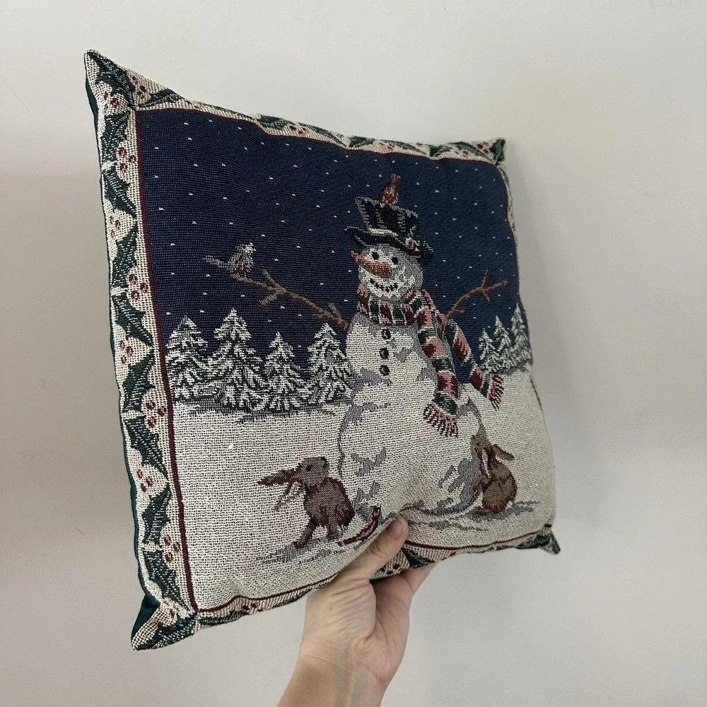 VTG 90s Christmas Tapestry Snowman Forest Throw Pillow 13x14 Cottagecore Country